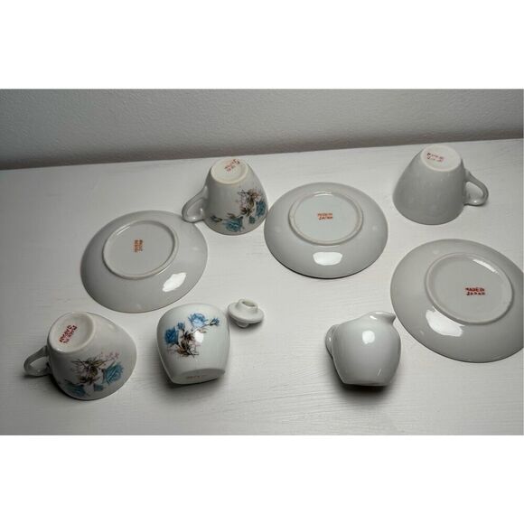 Vintage children’s blue rose design tea cups  saucers creamer sugar dish #M-1369 - Picture 4 of 7